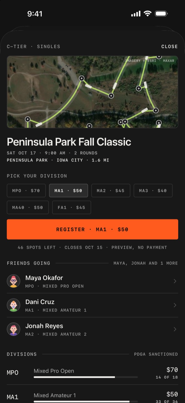 An event page for the Peninsula Park Fall Classic: the course map, division picker with fees, and Maya, Dani and Jonah going.