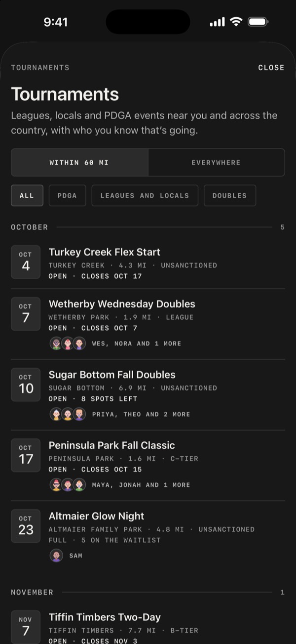 The tournaments list within 60 miles, by month, with distance, tier, status and friends going.