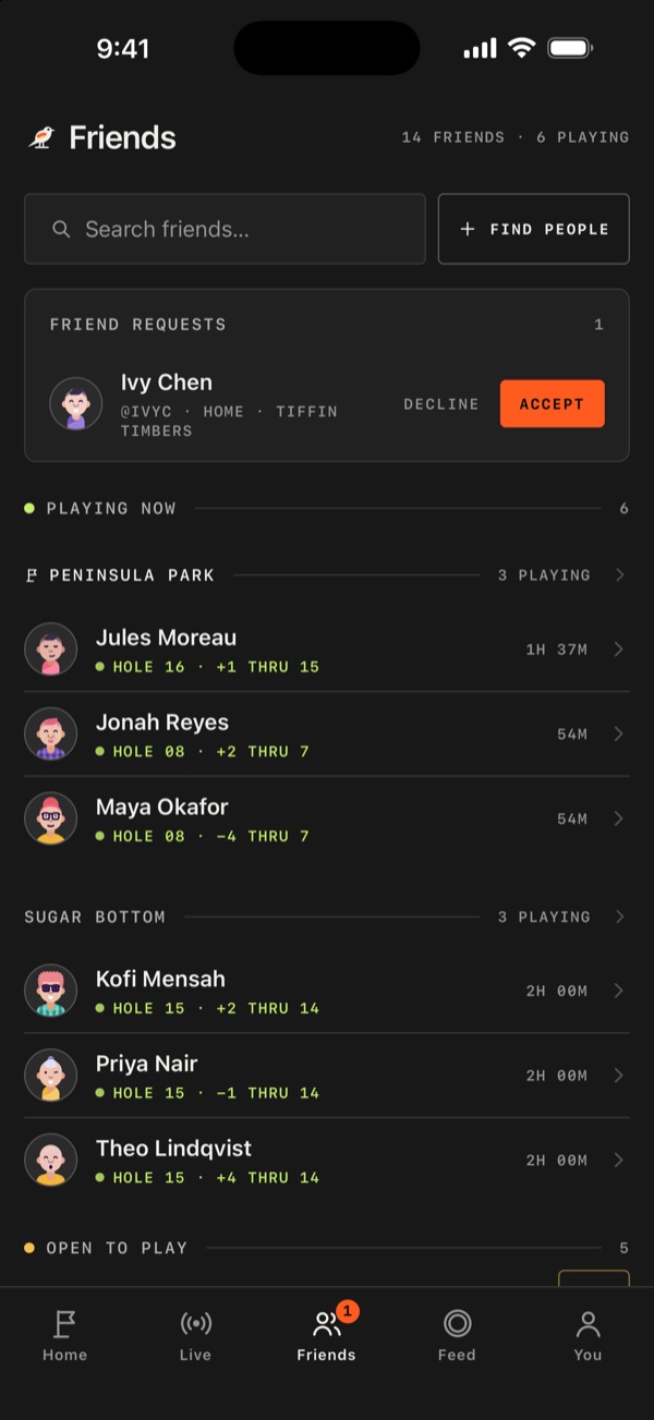 The Friends tab: two friend requests to accept, and Aria, Nora and Tasha open to play with an Ask button each.