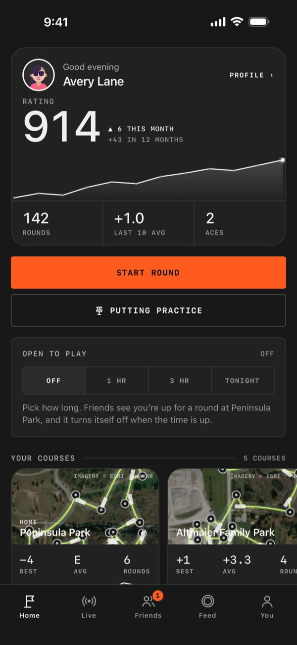 Blackbird Home: your rating of 914 trending up over twelve months, Start round, Putting practice and Open to play.