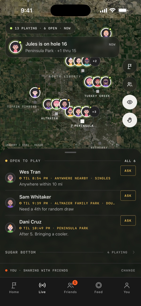 The live map over satellite imagery of Iowa City: friends' faces on the courses they're playing, 13 playing and 6 open, and a card saying Jules is on hole 16.