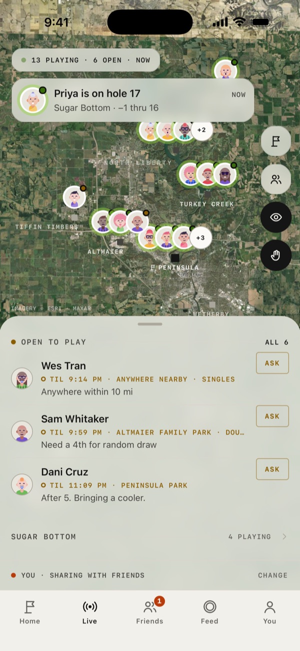 The live map in light mode: friends' faces on their courses and a frosted card saying Priya is on hole 17.